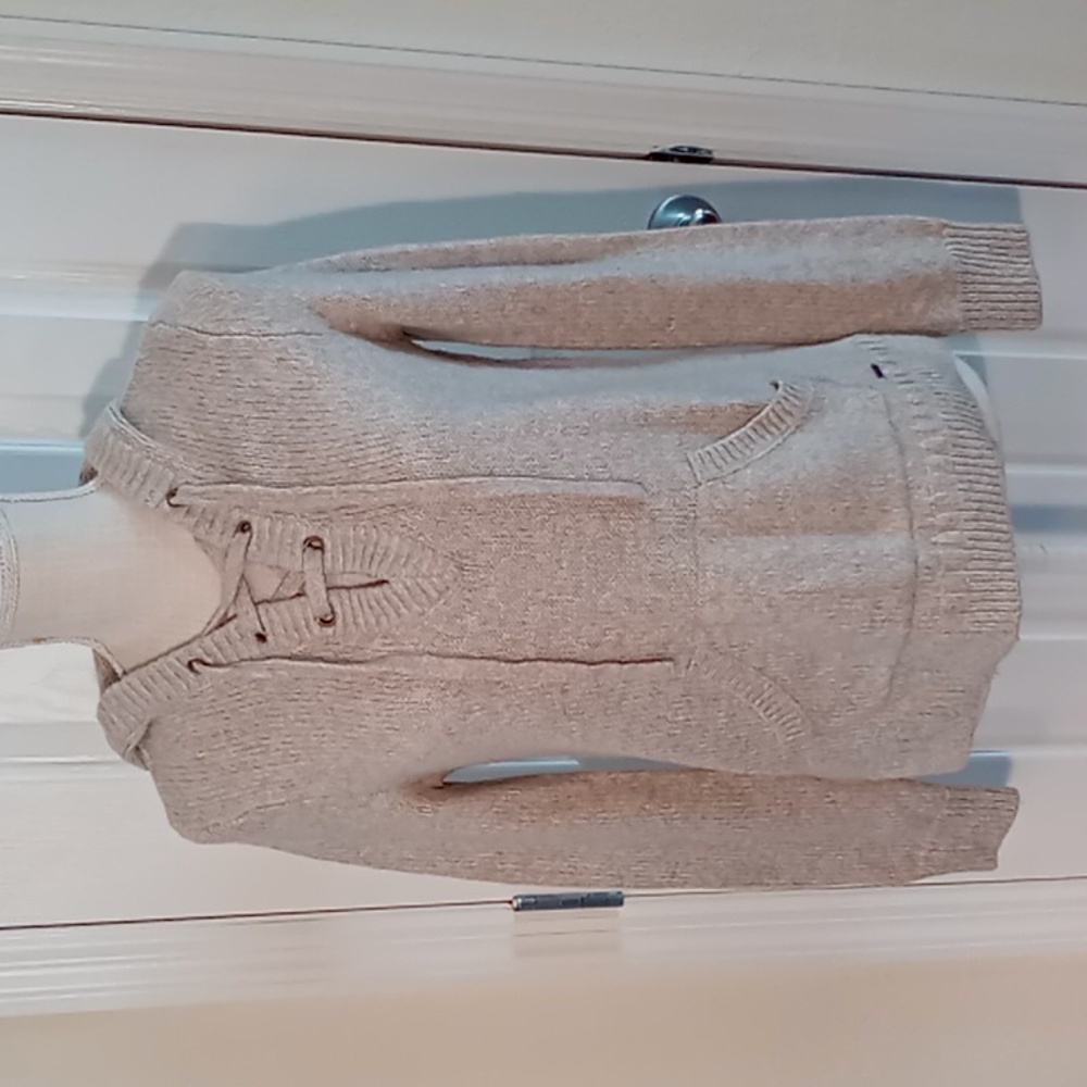 Hollister Ladies Hooded Knit Sweater V-Neck With Lacing Size XS Beige